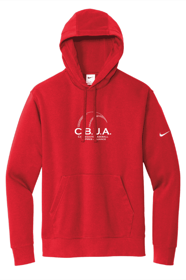 A red nike hooded sweatshirt with the logo of cbjja.