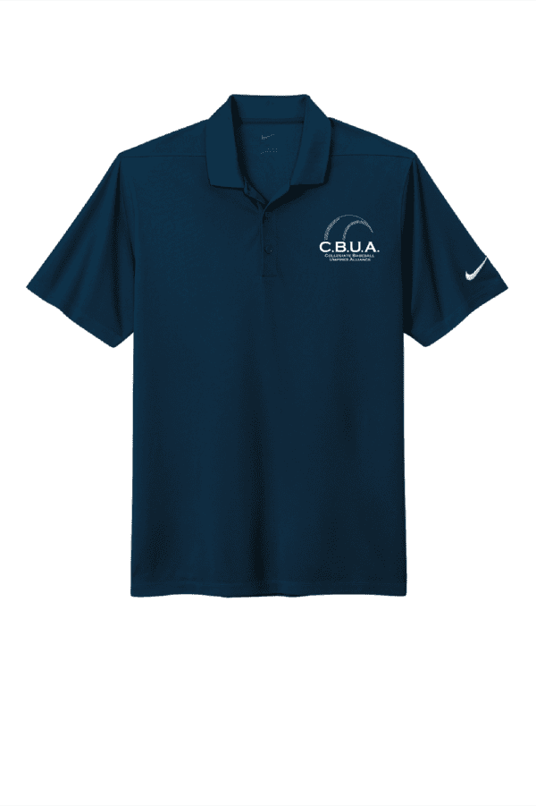 A navy blue nike polo shirt with the logo of cbua.