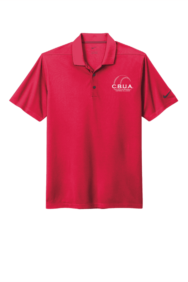 A red polo shirt with the words cbua on it.