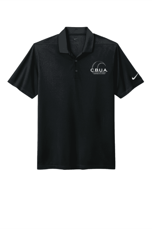 A black nike polo shirt with the logo of cbua.