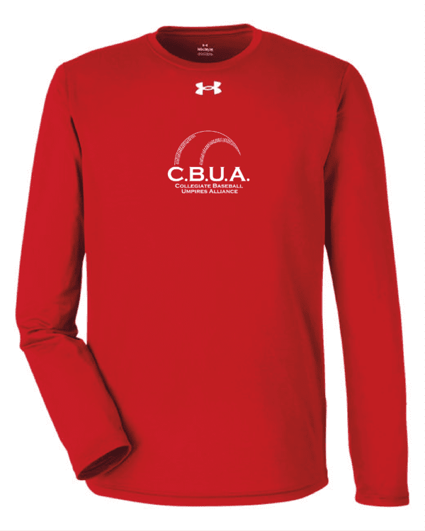 A red long sleeve shirt with the words cbua on it.