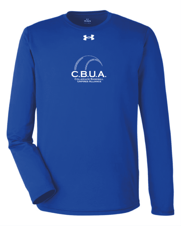 A blue long sleeve shirt with the words cbua on it.