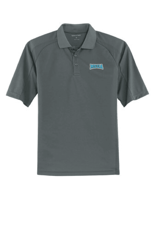 A gray polo shirt with the words " logo " on it.