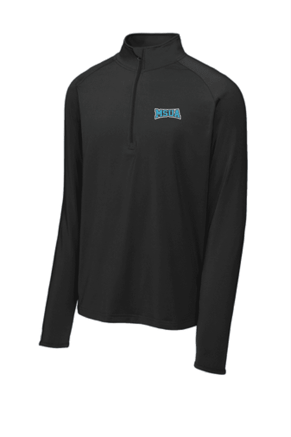 A black long sleeve shirt with a blue logo on it.