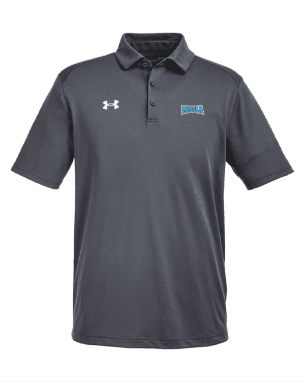 A gray under armour polo shirt with the word " ucla " on it.