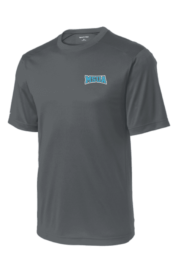 A gray t-shirt with the words " sports " on it.