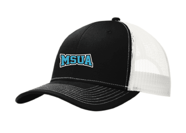 A black and white hat with the word " msua ".