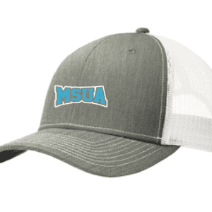 A gray and white hat with the word msua on it.