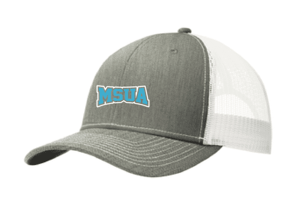 A gray and white hat with the word msua on it.