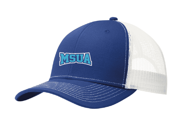 A blue and white hat with the word " msua ".