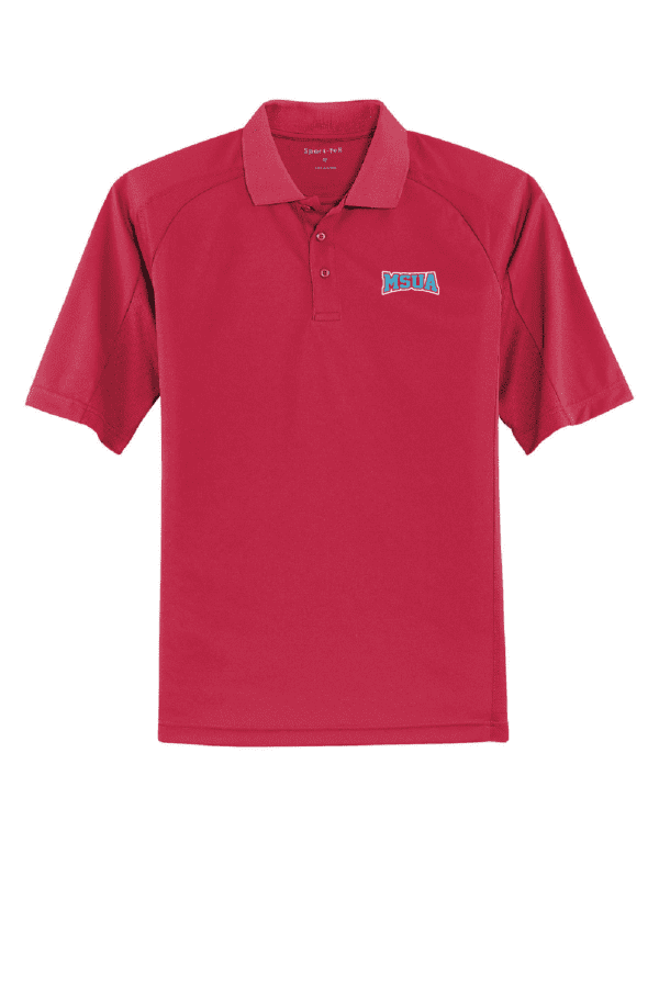 A red polo shirt with a blue and white logo.