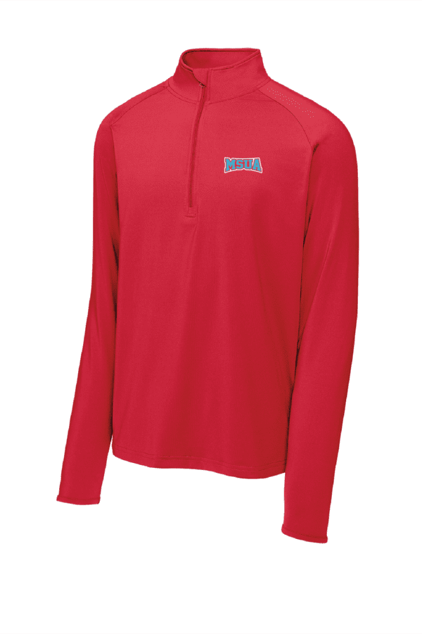 A red long sleeve shirt with a blue and white logo.