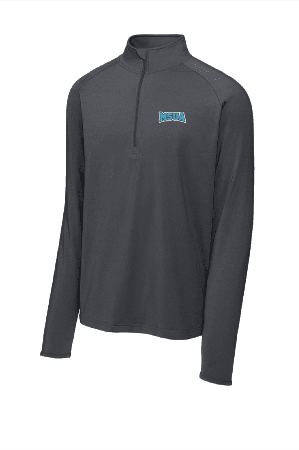 A gray long sleeve shirt with a blue logo on it.