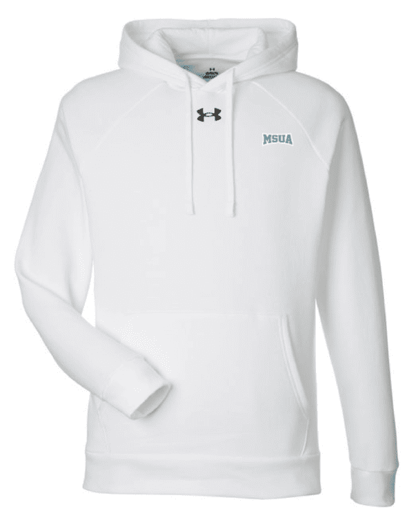 A white hoodie with the word " hustle " on it.