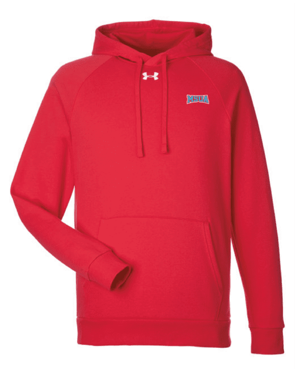 A red under armour hoodie with a logo on the front.