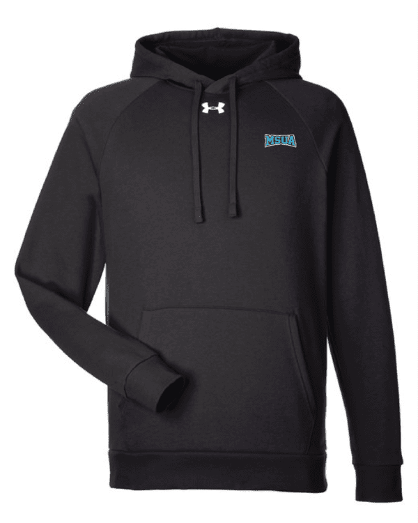 A black hoodie with a logo on the front.