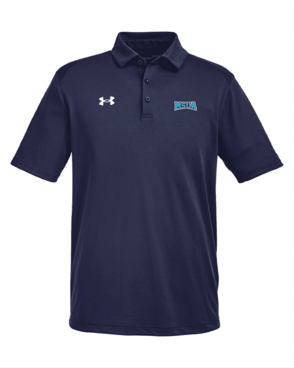 A navy blue polo shirt with an under armour logo on the chest.