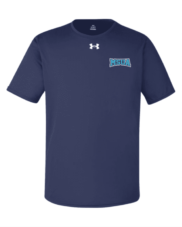 A navy blue under armour shirt with the words " north carolina " on it.