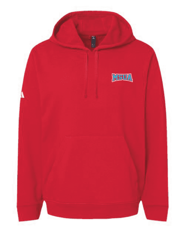 A red hoodie with the words " sports " on it.