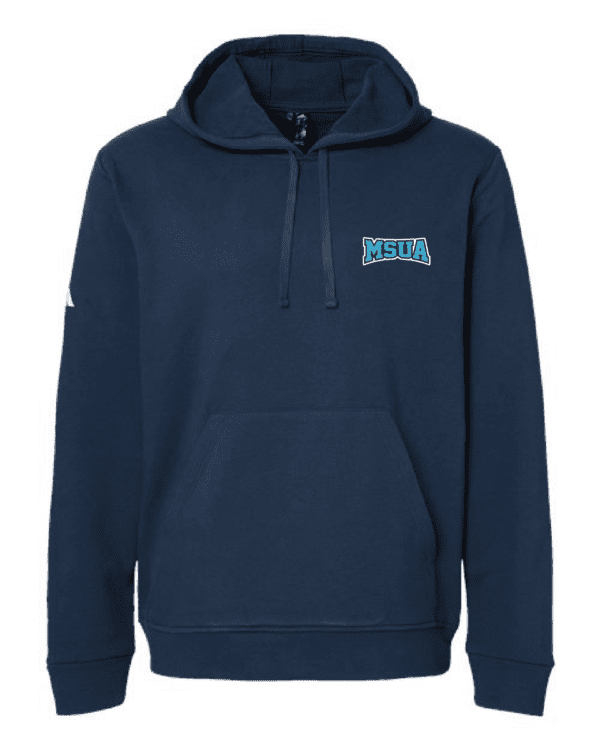 A navy blue hoodie with the word " delta " on it.