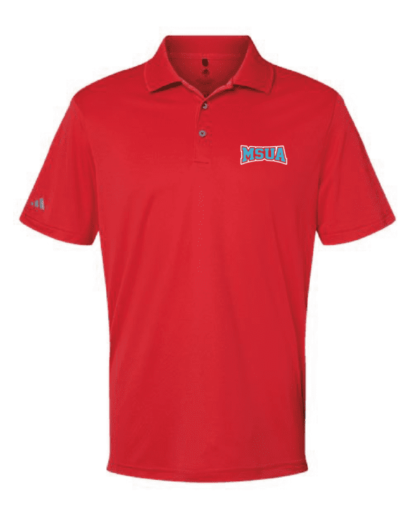 A red adidas polo shirt with the logo of the university.