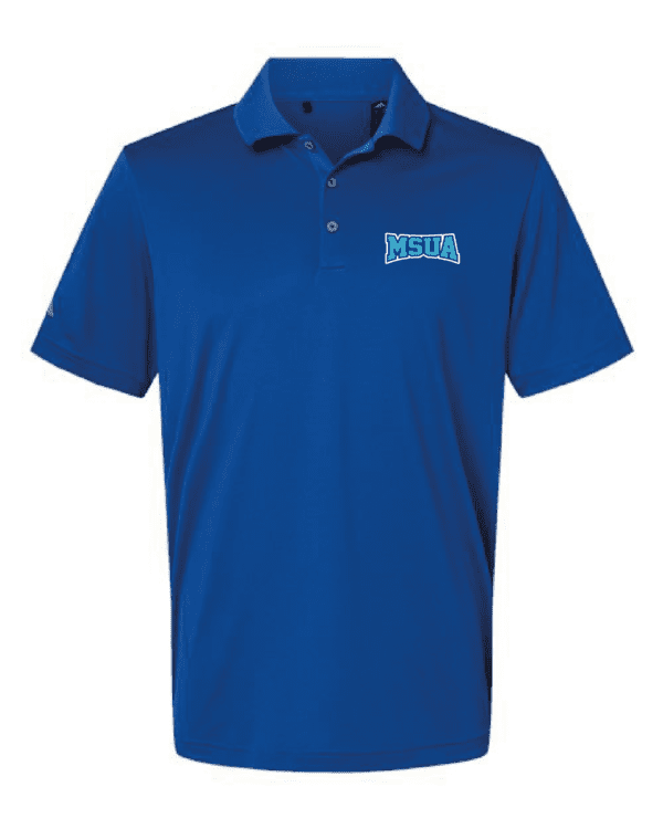 A blue polo shirt with the word " las ".