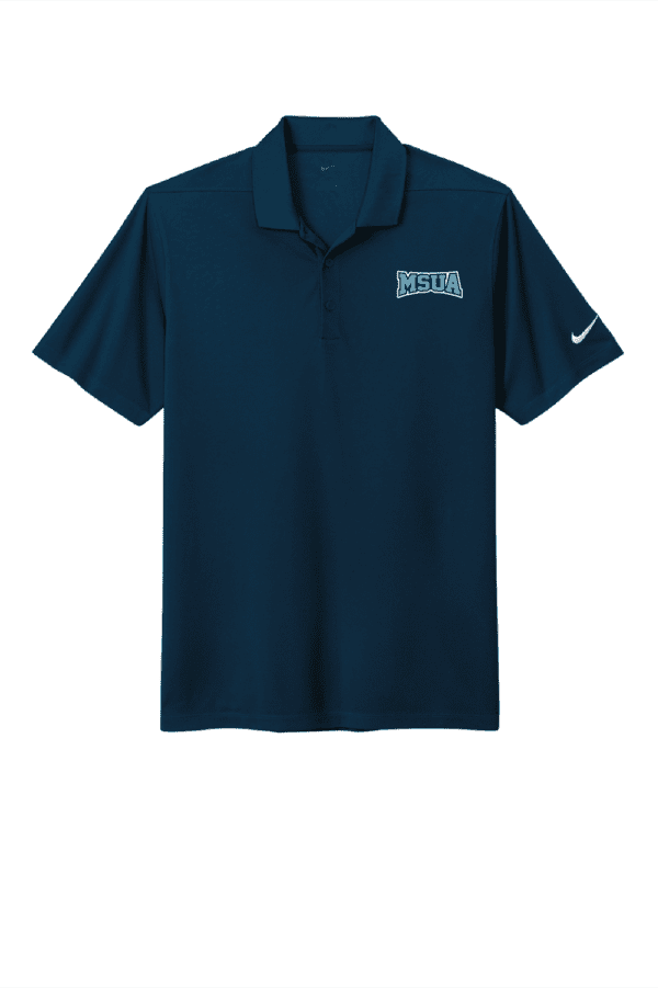 A blue nike polo shirt with the logo of a school.