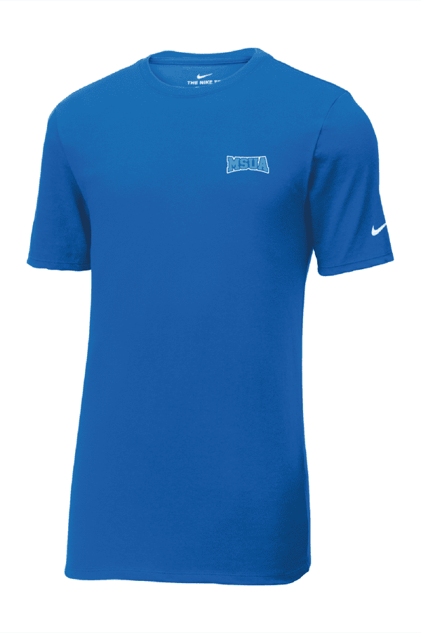 A blue nike shirt with the word " delta " on it.