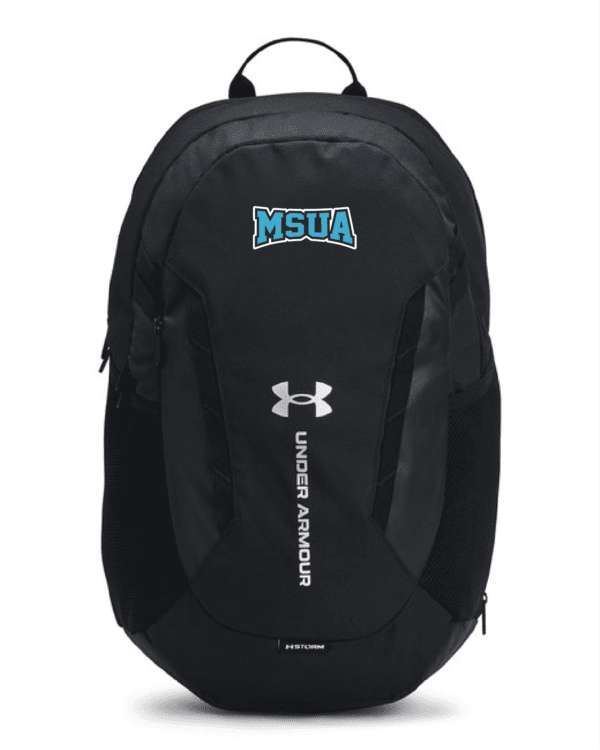 A black backpack with the name of nesta on it.