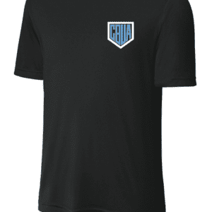 Black t-shirt with a small blue and white shield logo on the chest.