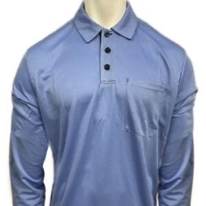 Long-sleeve blue polo shirt with buttons and a pocket.